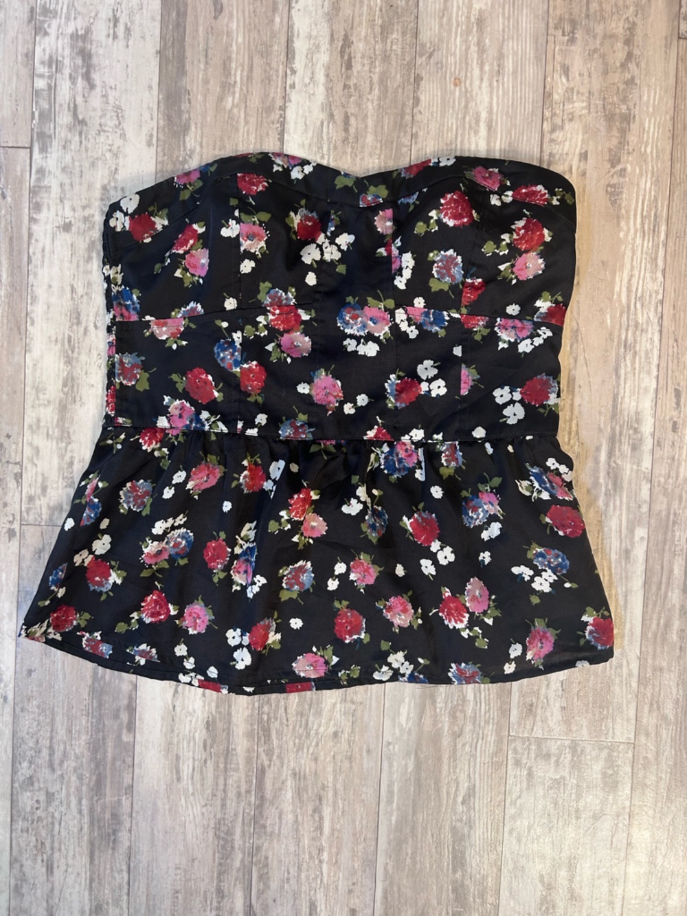 American Eagle Outfitters Black Floral Satin Strapless Peplum Corset Top